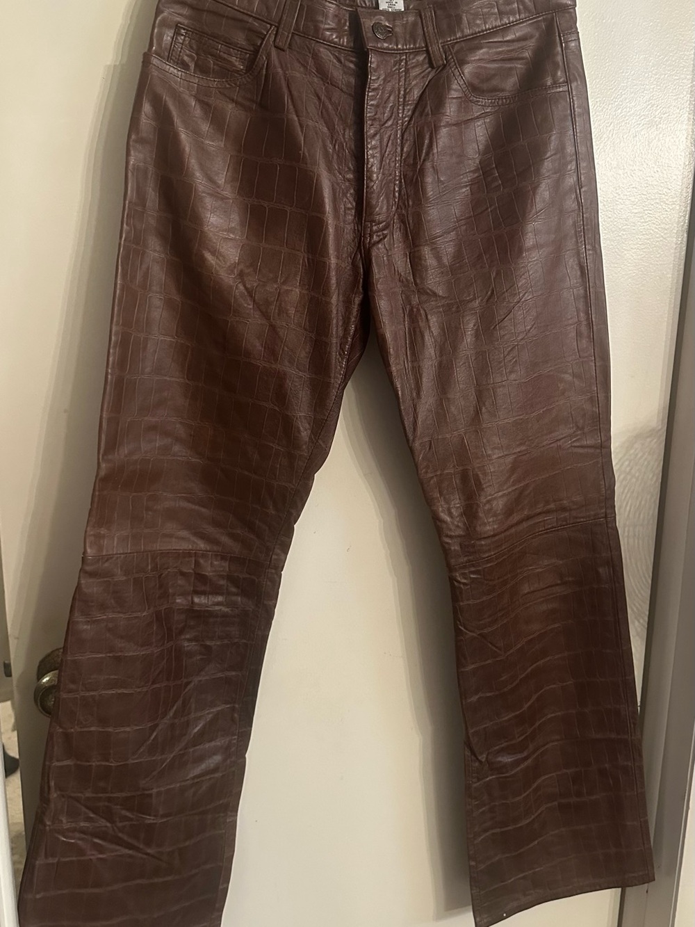 Armani Exchange Men's Brown Croc-Embossed Leather Bootcut Jeans